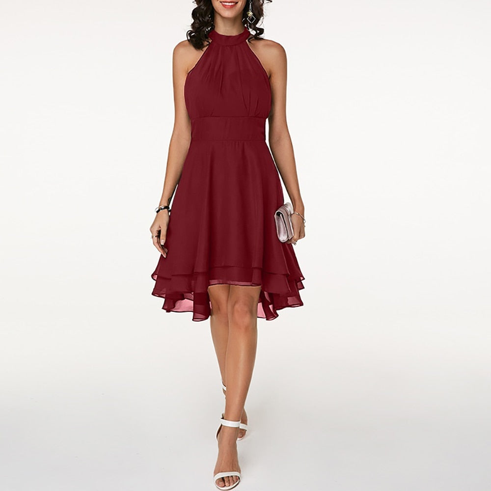 Magdalen | Women's A-Line Midi Dress, Halter Neck, Short Sleeves