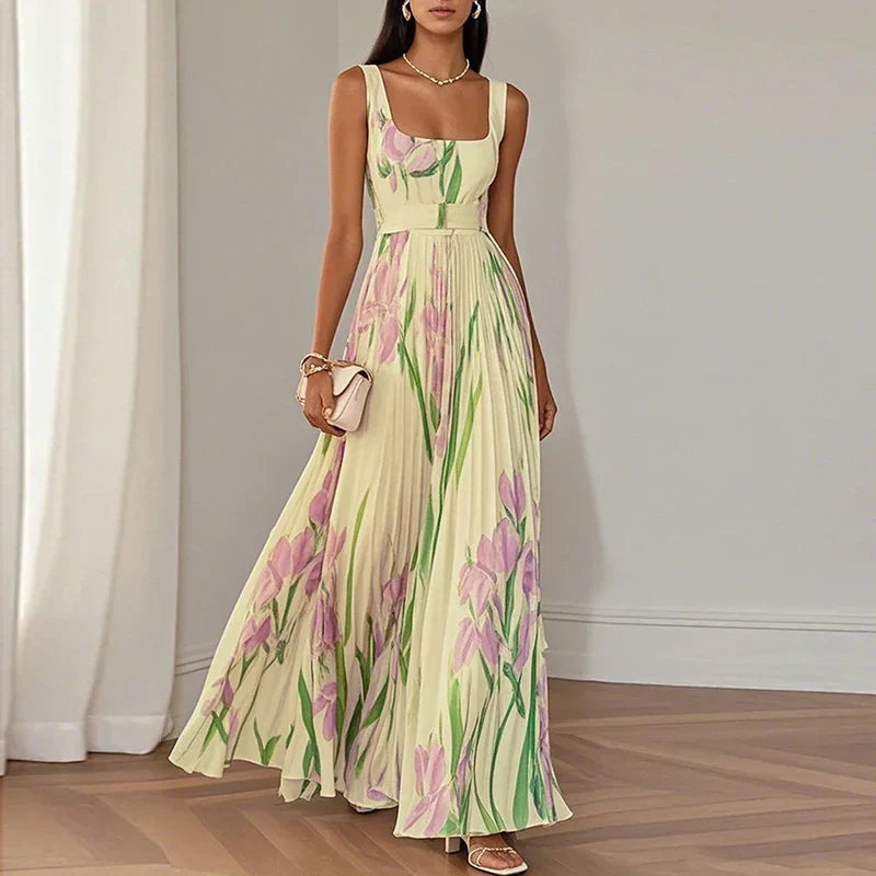 Serilda | Women's Floral Maxi Dress, Round Neck, Short Sleeves
