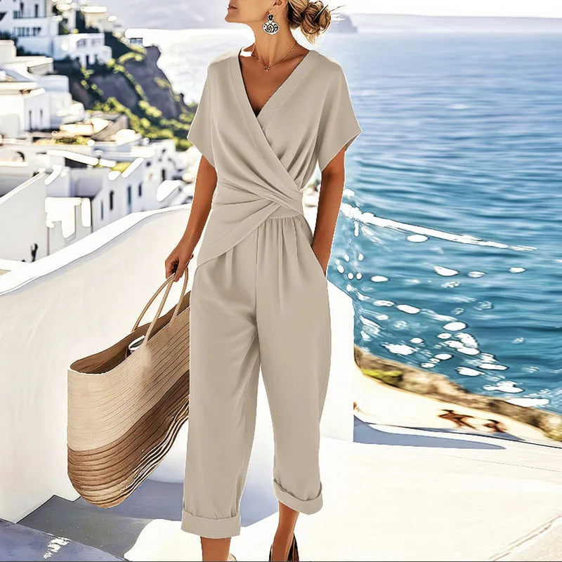 Women's relaxed V-neck wrap jumpsuit with cropped trousers