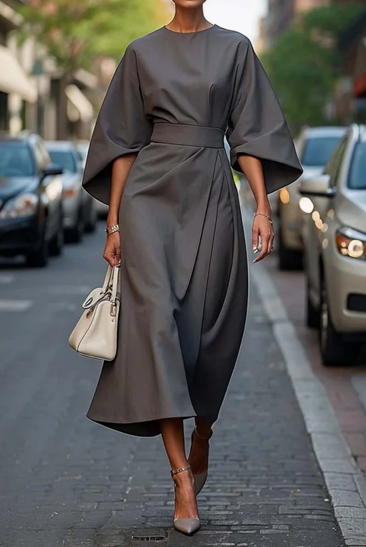 Kerensa | Women's Midi Dress, Round Neck, Lantern Sleeves