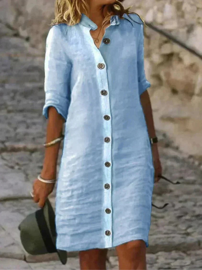 Merewen | Women's Shirt Midi Dress, Collared, Short Sleeves