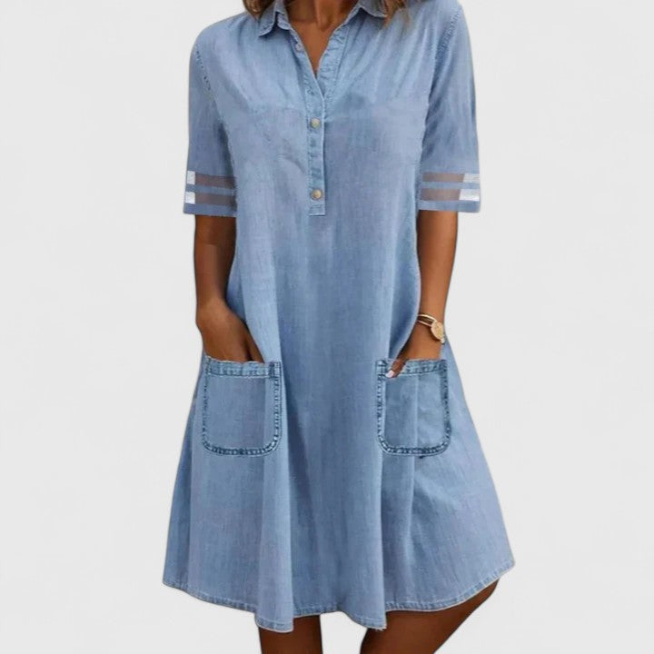 Orlaith | Women's Denim Relaxed Midi Dress, Round Neck, Short Sleeves, Pockets