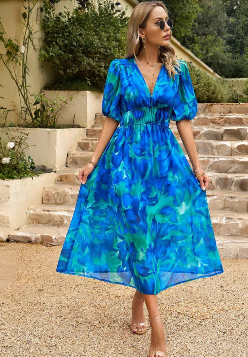 Women's floral V-neck midi dress with short puff sleeves and elastic waist