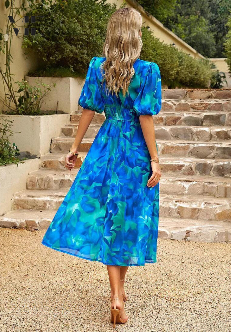 Women's floral V-neck midi dress with short puff sleeves and elastic waist