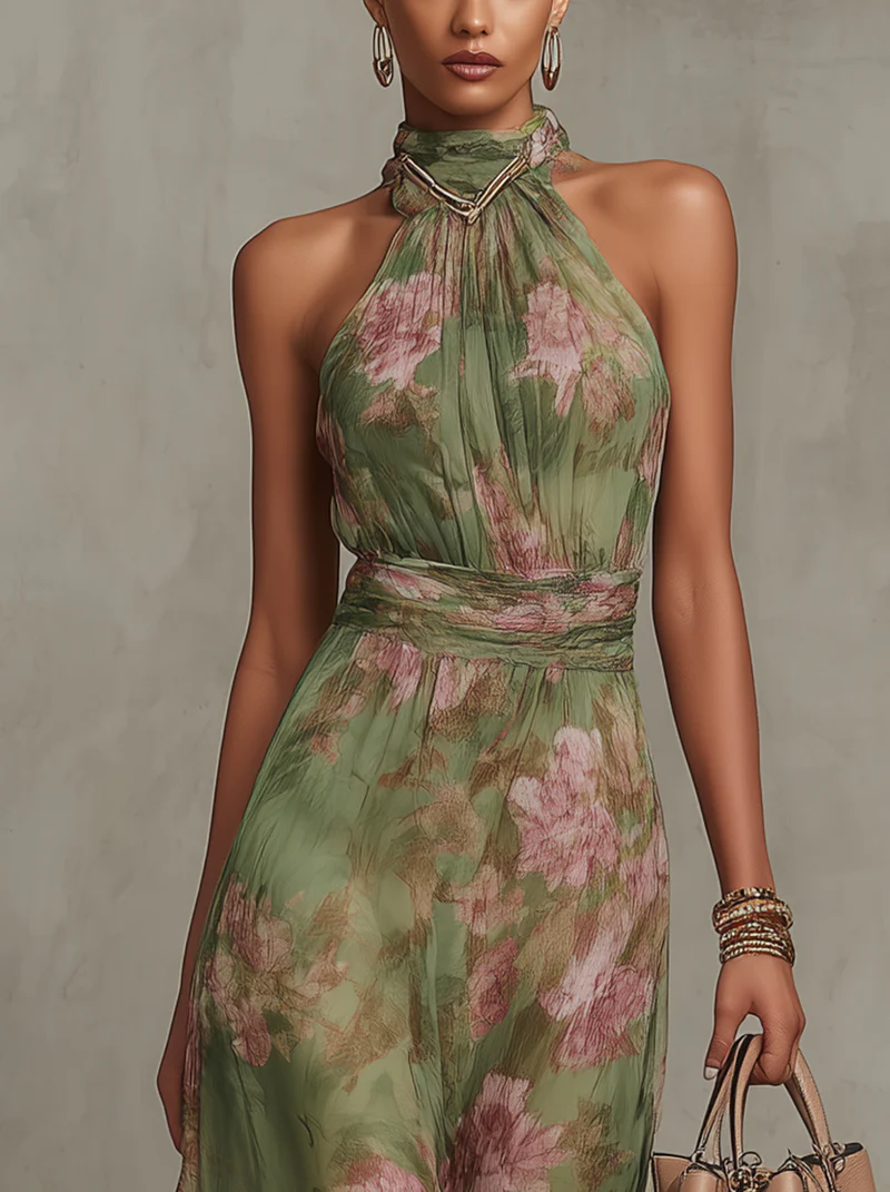 Women's floral halter maxi dress with waist tie and flowing skirt