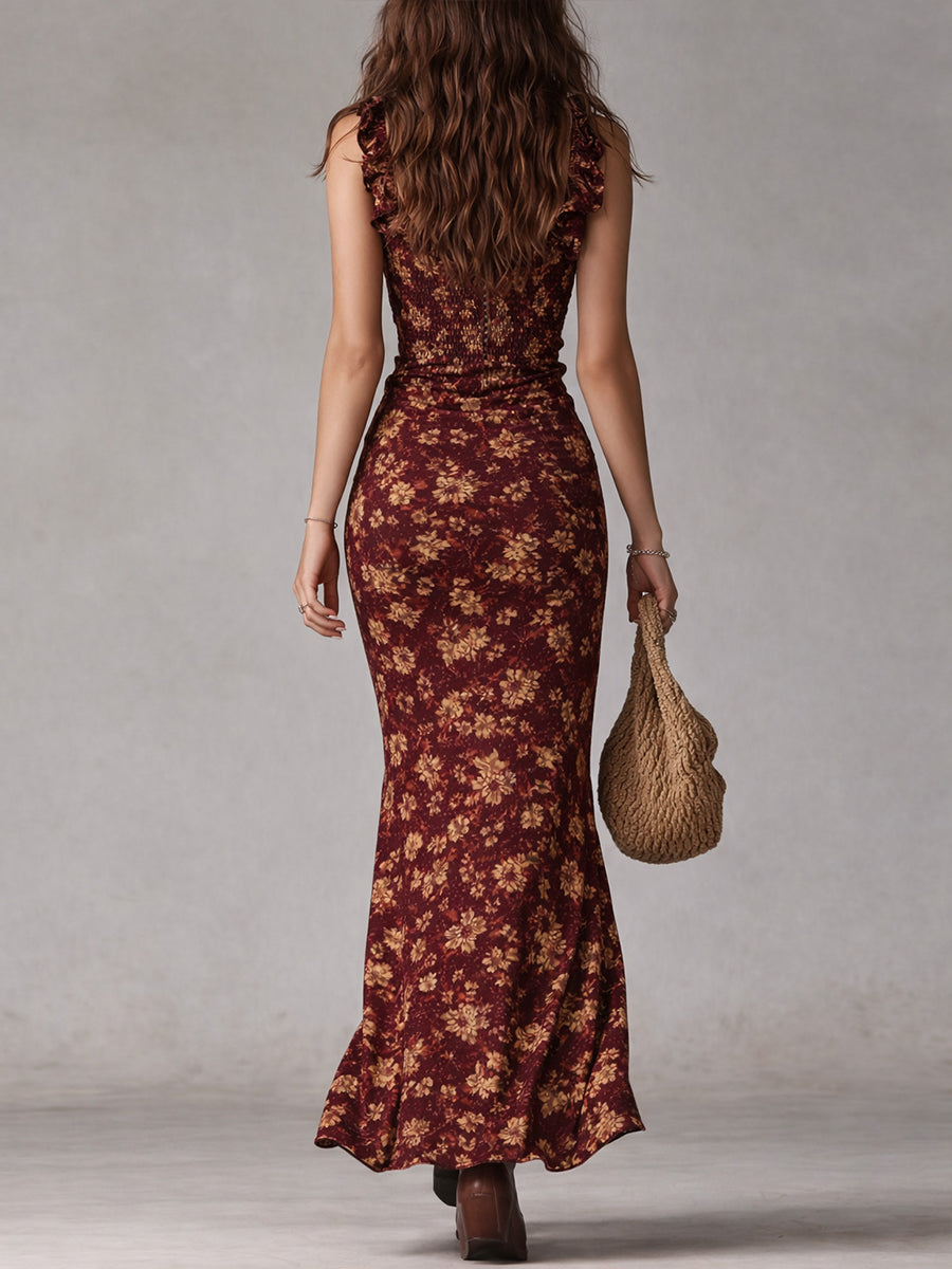 Anwen | Women's Floral A-Line Maxi Dress, Round Neck, Ruffled Sleeves, Side Slit