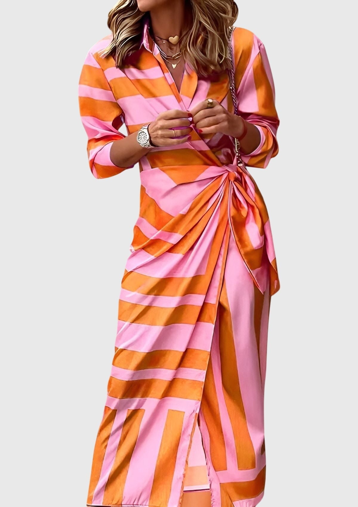 Hedwig | Women's Printed Wrap Midi Dress, Collared, Short Sleeves
