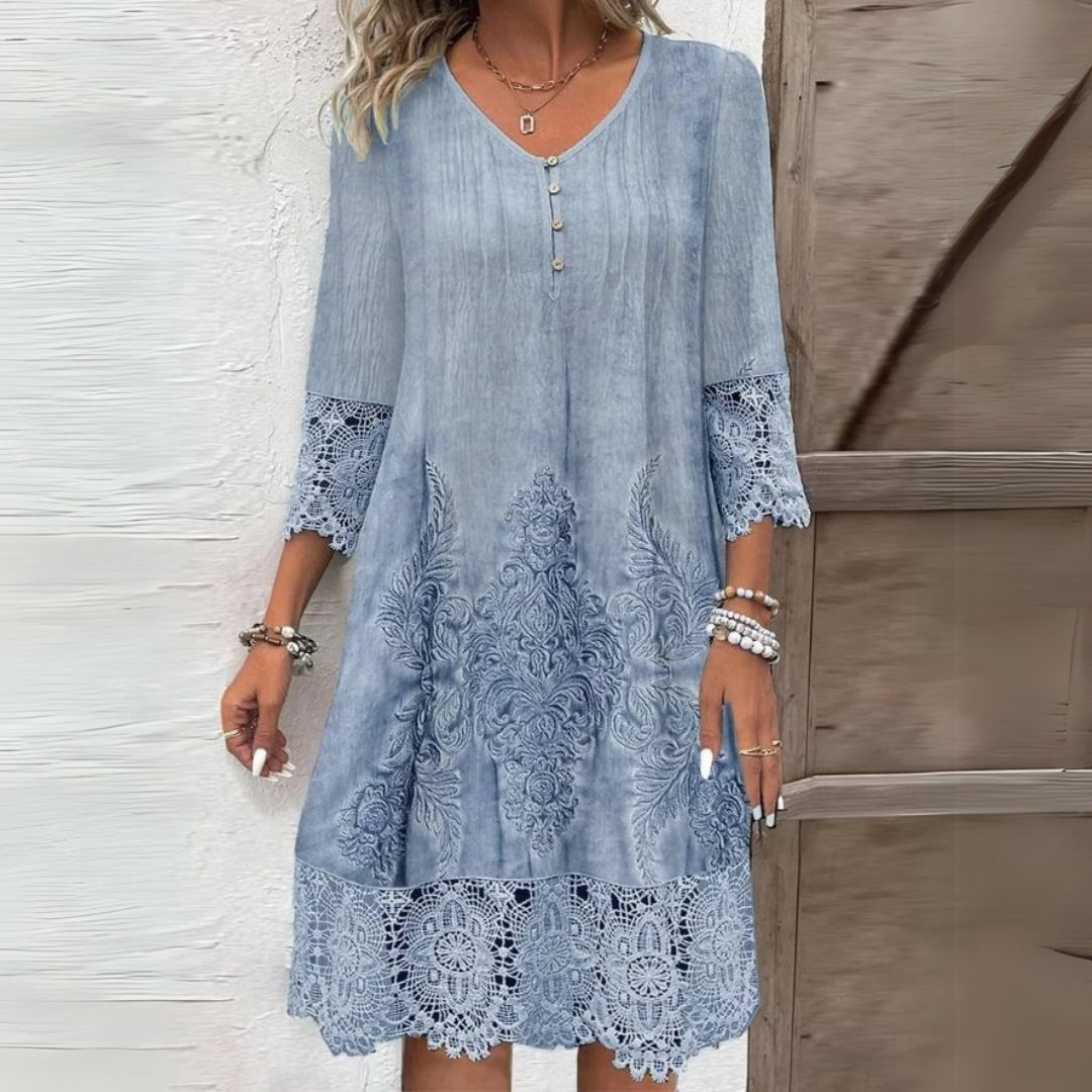 Pandora | Women's Embroidered Midi Dress, V-Neck, Short Sleeves