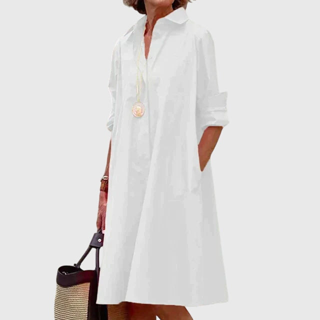 Isolde | Women's Relaxed Midi Dress, Round Neck, Short Sleeves, Pockets