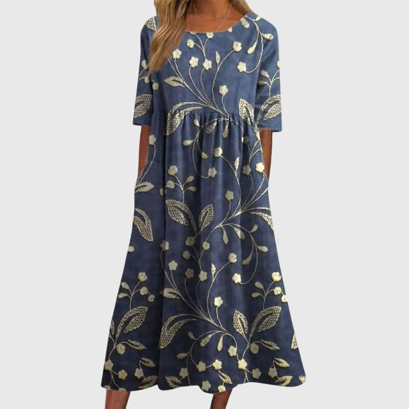 Gisela | Women's Embroidered Relaxed Midi Dress, Round Neck, Short Sleeves