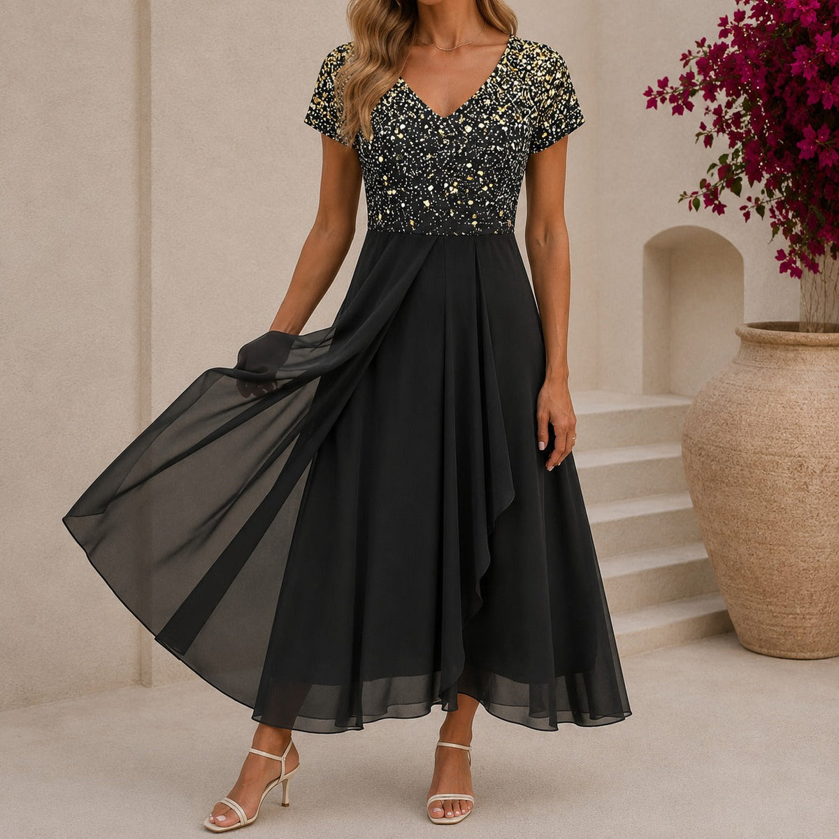 Women's floral V-neck midi cocktail dress with short sleeves