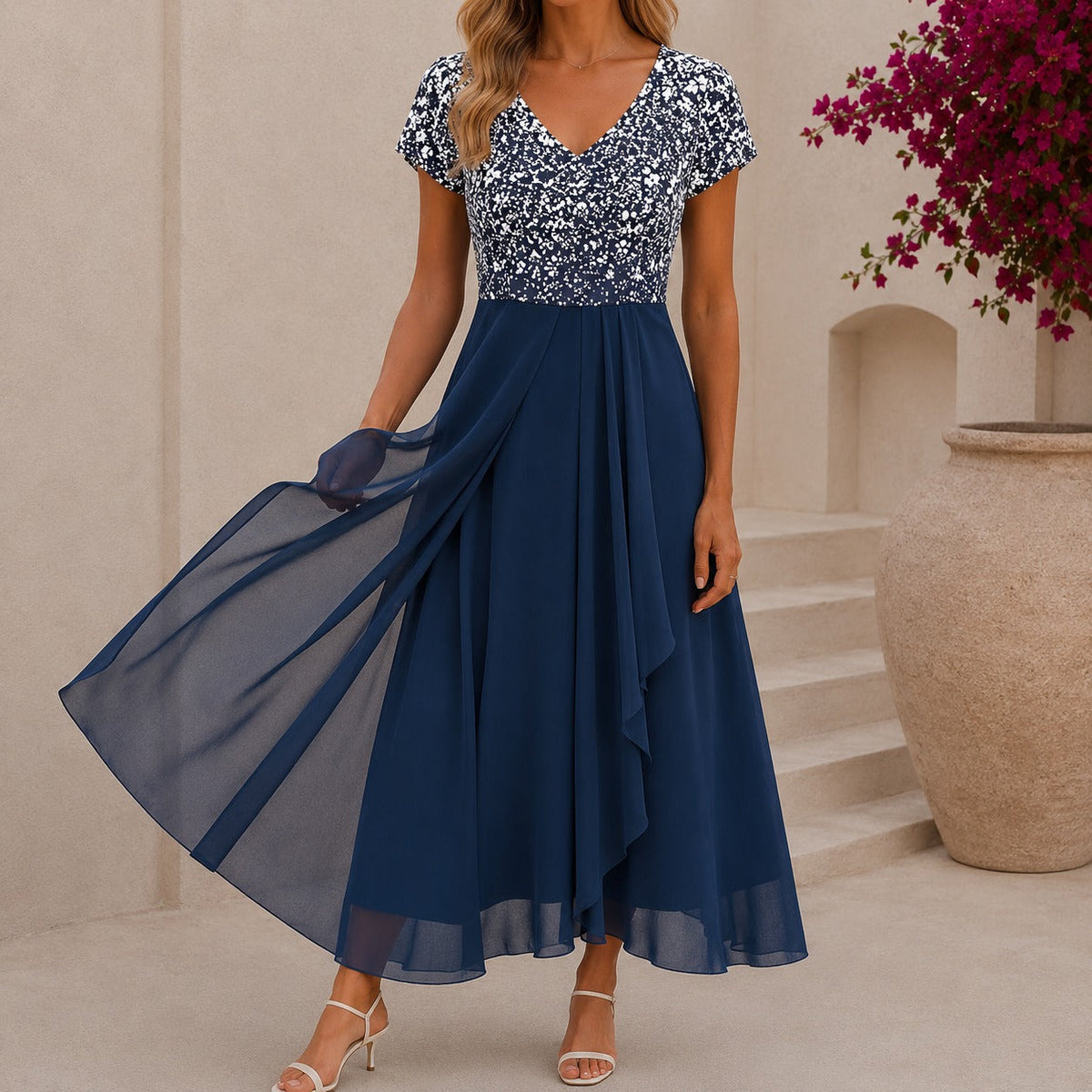 Women's floral V-neck midi cocktail dress with short sleeves