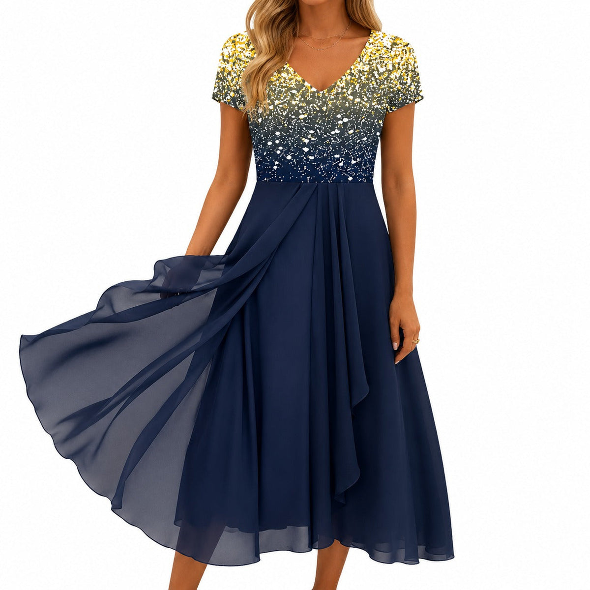 Women's floral V-neck midi cocktail dress with short sleeves