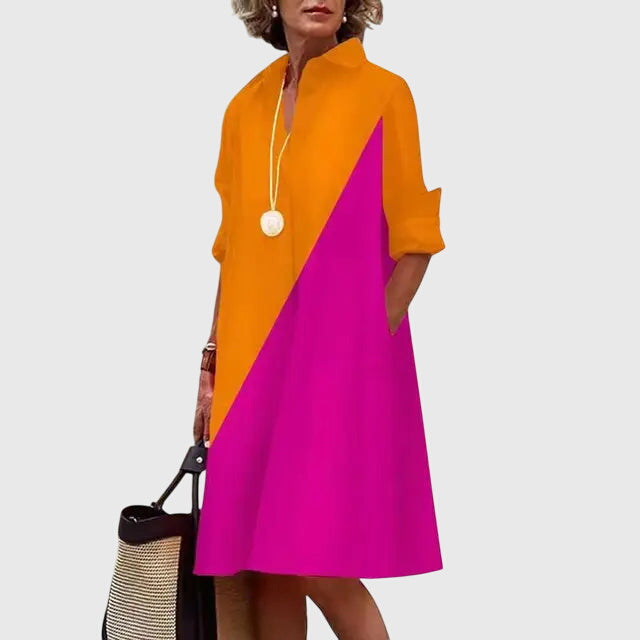 Isolde | Women's Relaxed Midi Dress, Round Neck, Short Sleeves, Pockets