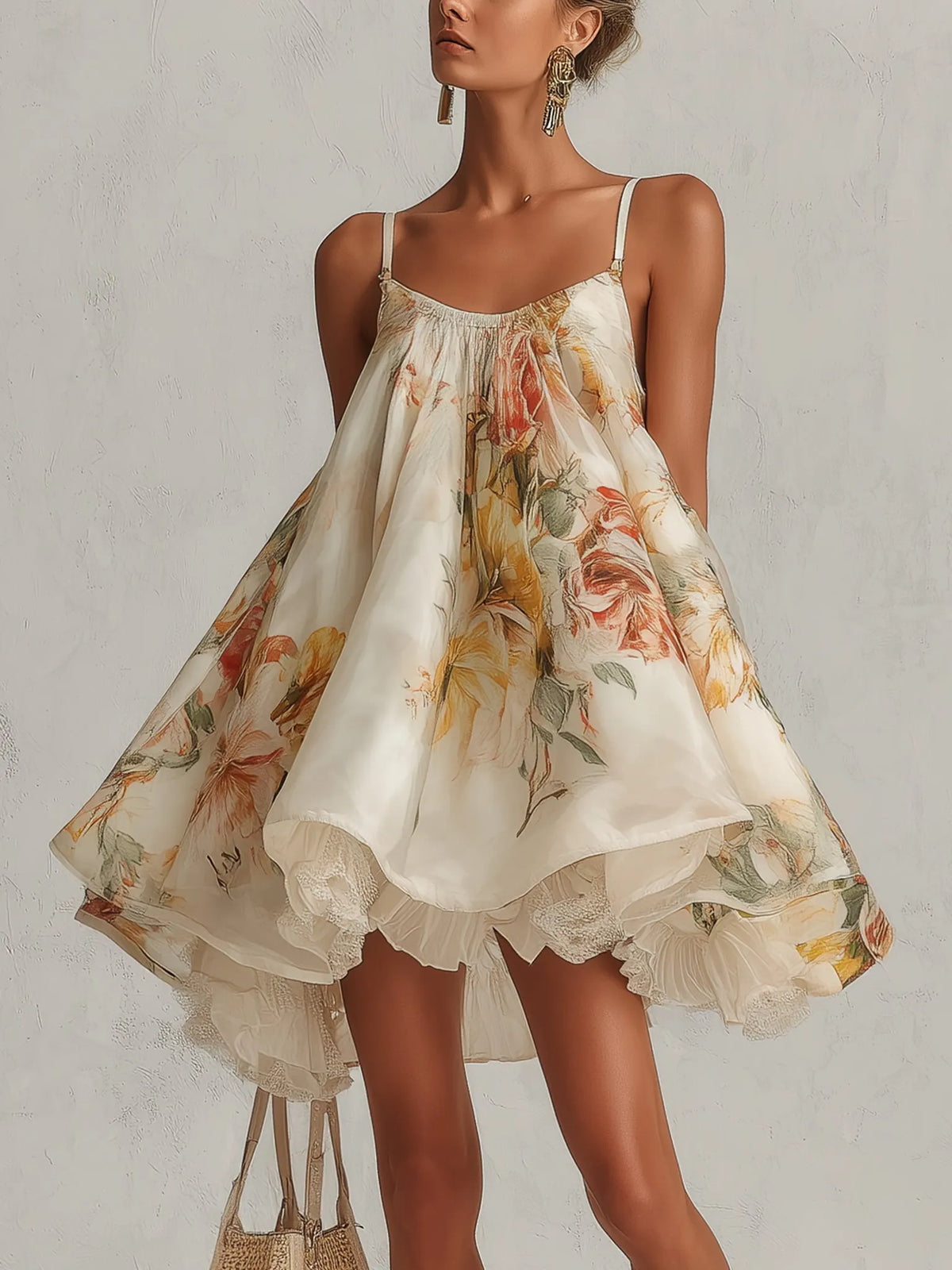 Morwenna | Women's Floral A-Line Mini Dress, Round Neck, Short Sleeves