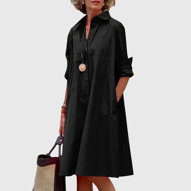 Isolde | Women's Relaxed Midi Dress, Round Neck, Short Sleeves, Pockets