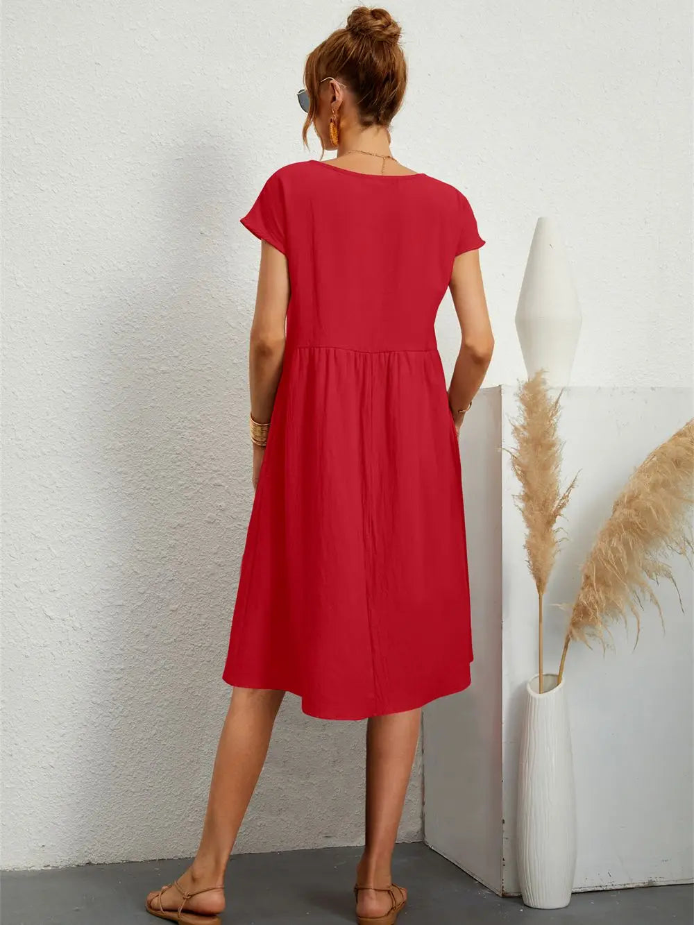 Celia | Women's A-Line Midi Dress, Round Neck, Short Sleeves, Pockets