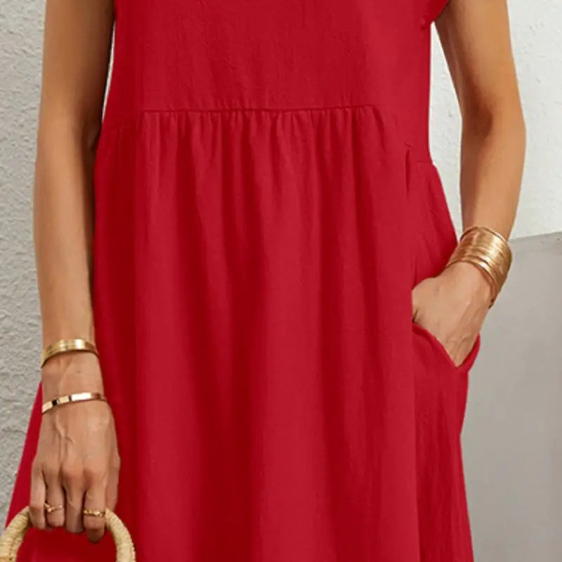 Celia | Women's A-Line Midi Dress, Round Neck, Short Sleeves, Pockets