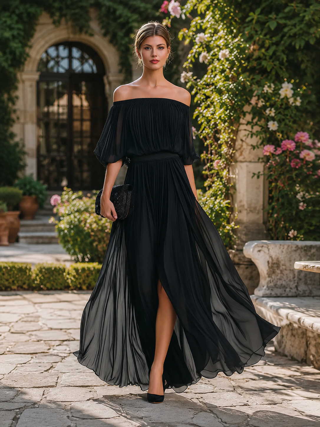Women's pleated off-shoulder maxi dress with three-quarter balloon sleeves