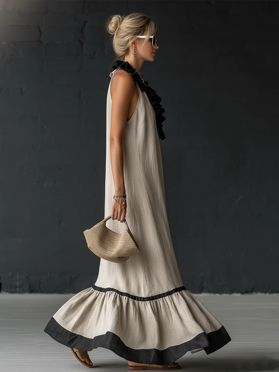 Emmerly | Women's Ruffled Maxi Dress, Round Neck, Short Sleeves