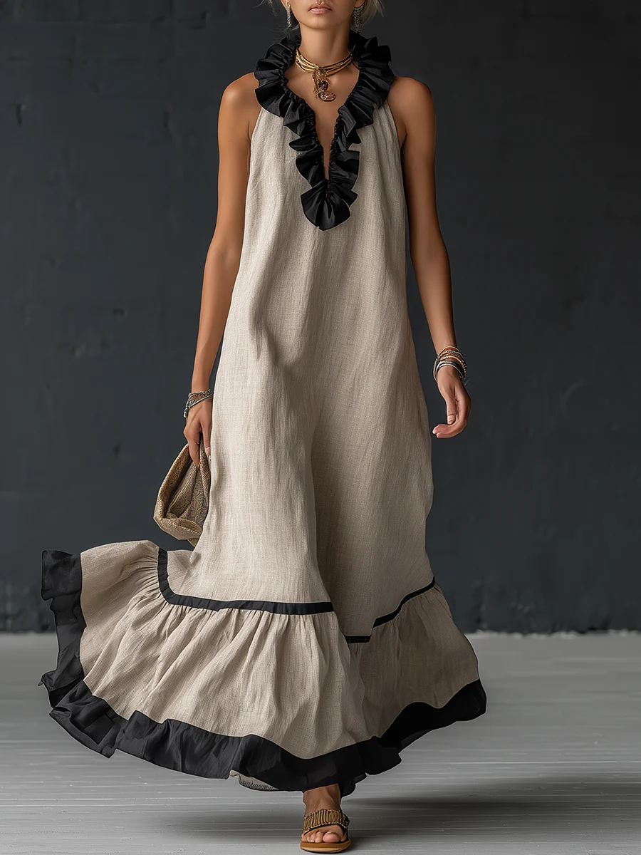 Emmerly | Women's Ruffled Maxi Dress, Round Neck, Short Sleeves