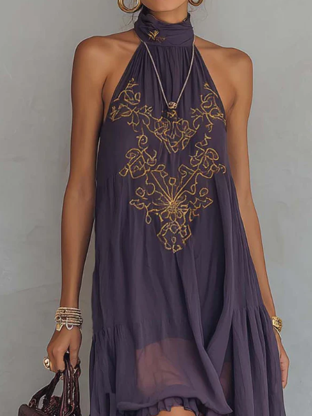Lettice | Women's Ruffled Maxi Dress, Halter Neck, Short Sleeves
