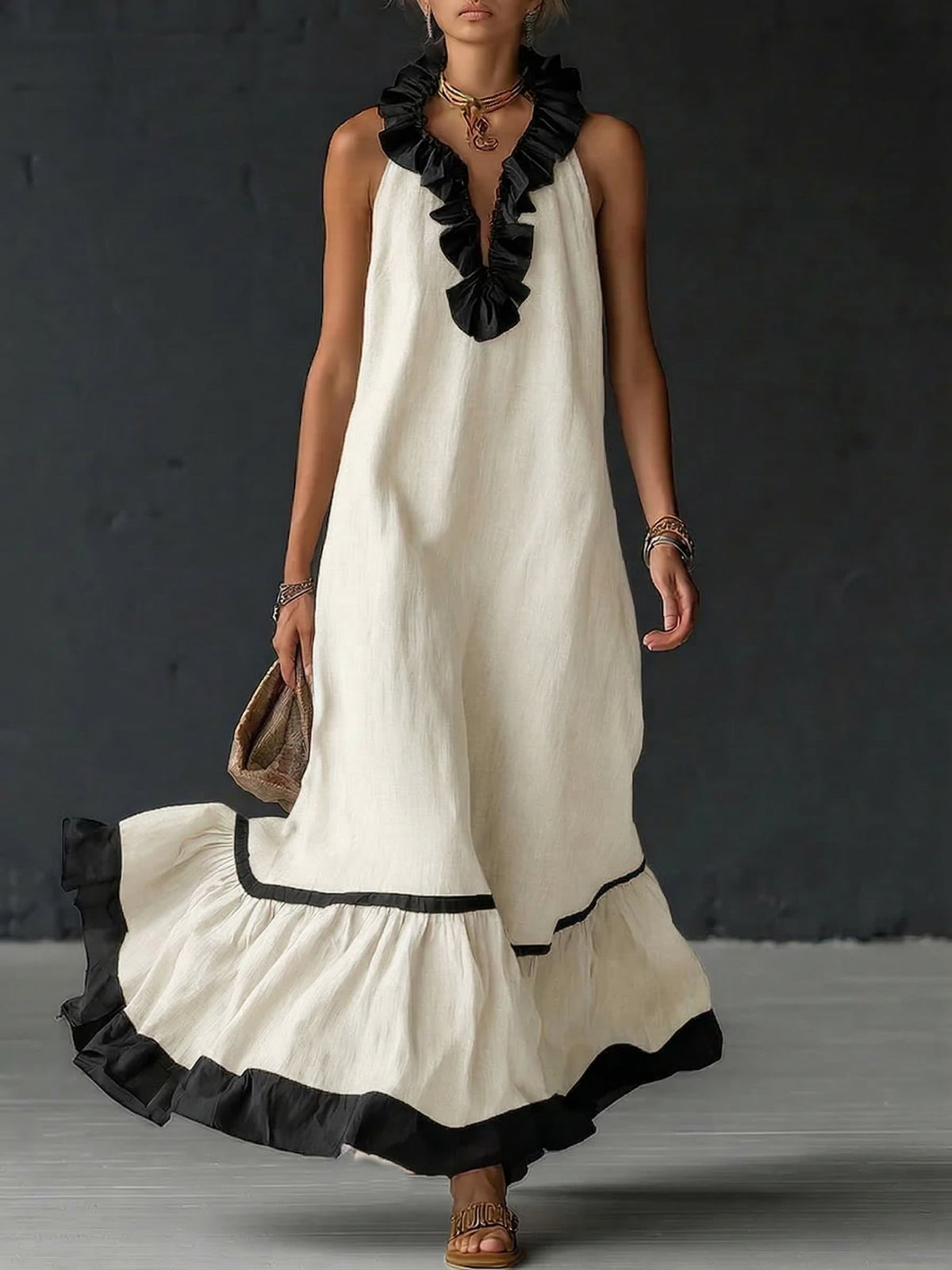 Emmerly | Women's Ruffled Maxi Dress, Round Neck, Short Sleeves