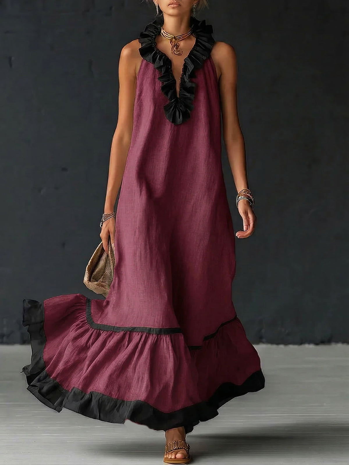 Emmerly | Women's Ruffled Maxi Dress, Round Neck, Short Sleeves
