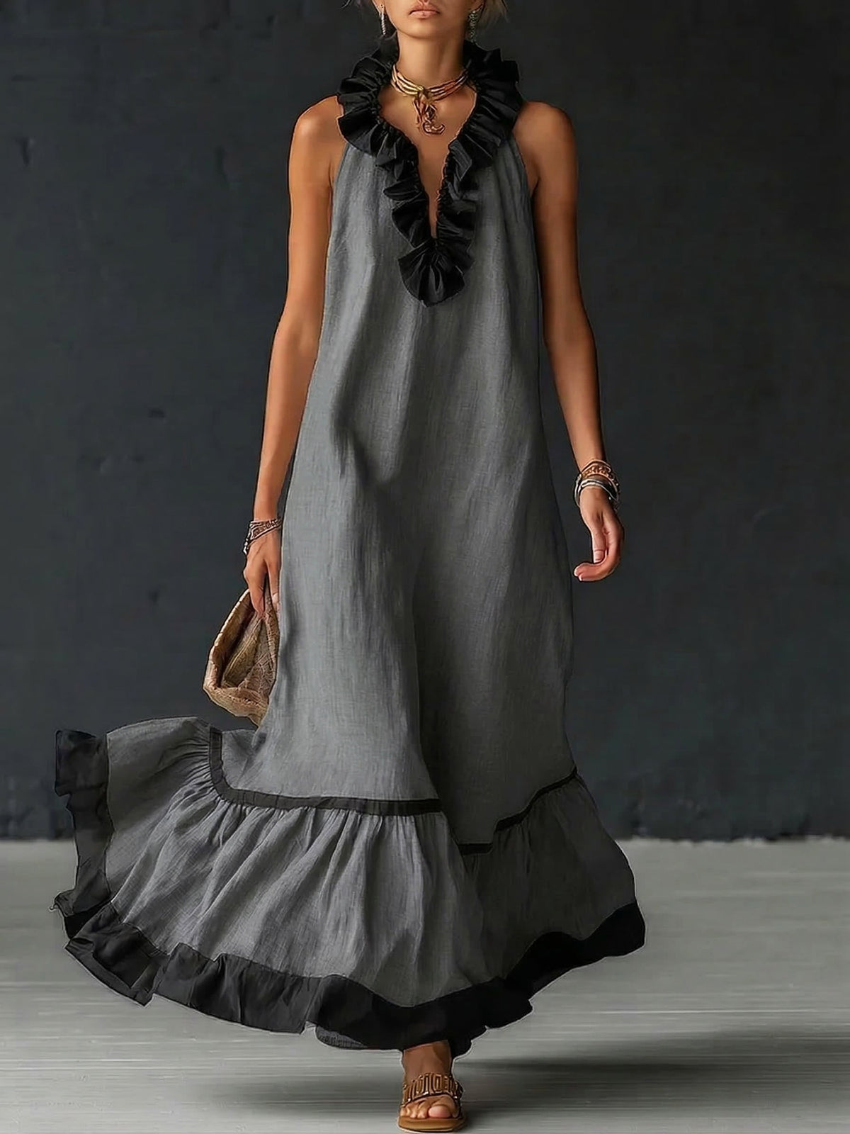 Emmerly | Women's Ruffled Maxi Dress, Round Neck, Short Sleeves