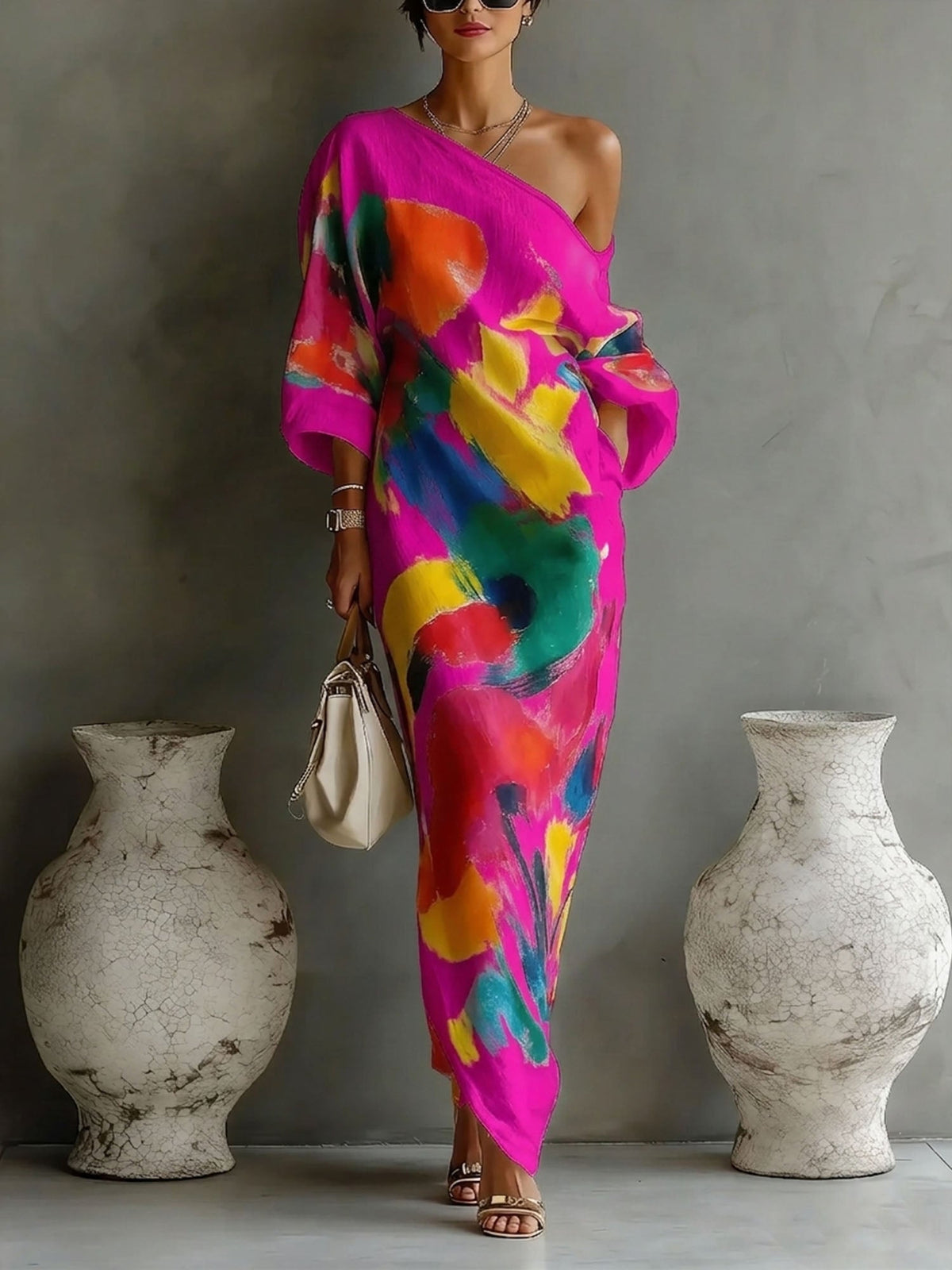 Norah | Women's Printed Maxi Dress, Off-Shoulder, Short Sleeves