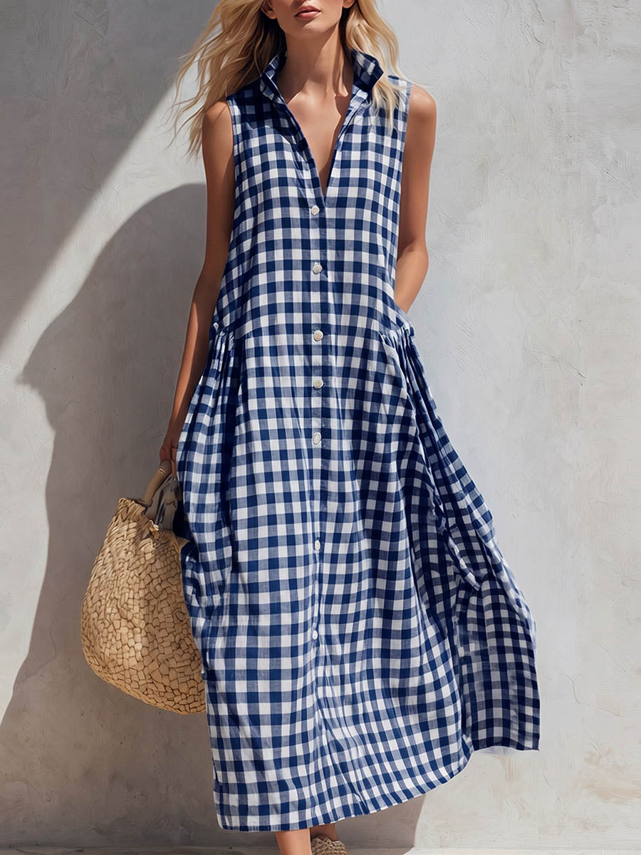 Melisande | Women's Plaid Relaxed Midi Dress, V-Neck, Sleeveless
