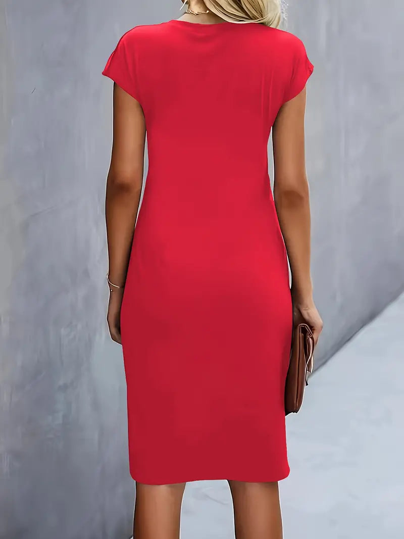 Lucasta | Women's Ruched Midi Dress, Round Neck, Short Sleeves