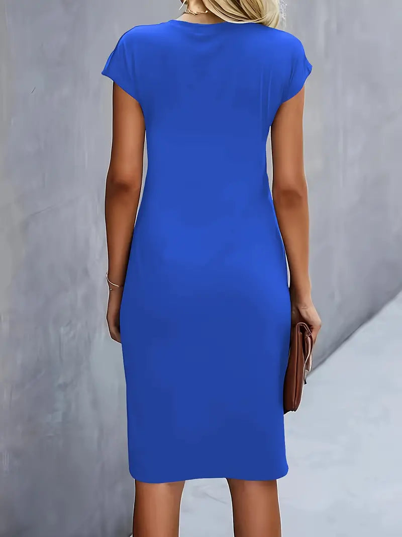 Lucasta | Women's Ruched Midi Dress, Round Neck, Short Sleeves