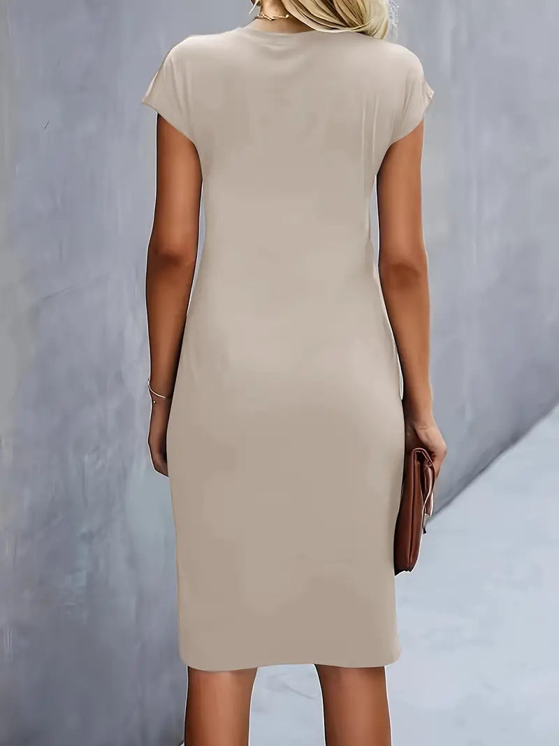 Lucasta | Women's Ruched Midi Dress, Round Neck, Short Sleeves