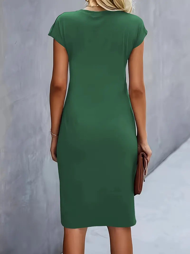 Lucasta | Women's Ruched Midi Dress, Round Neck, Short Sleeves