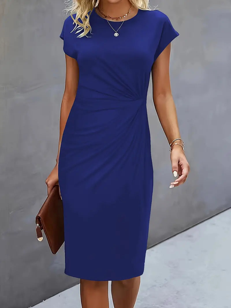 Lucasta | Women's Ruched Midi Dress, Round Neck, Short Sleeves