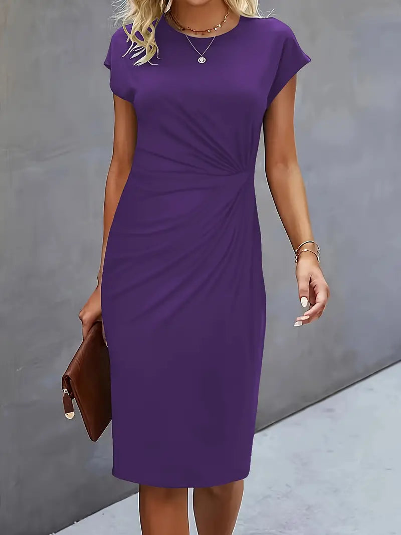 Lucasta | Women's Ruched Midi Dress, Round Neck, Short Sleeves