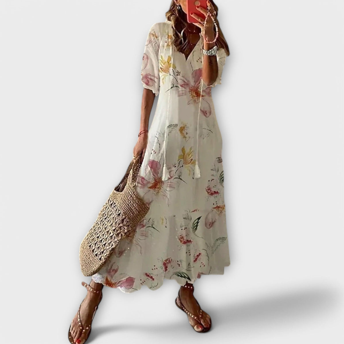 Ninette | Women's Bohemian Maxi Dress, Round Neck, Short Sleeves