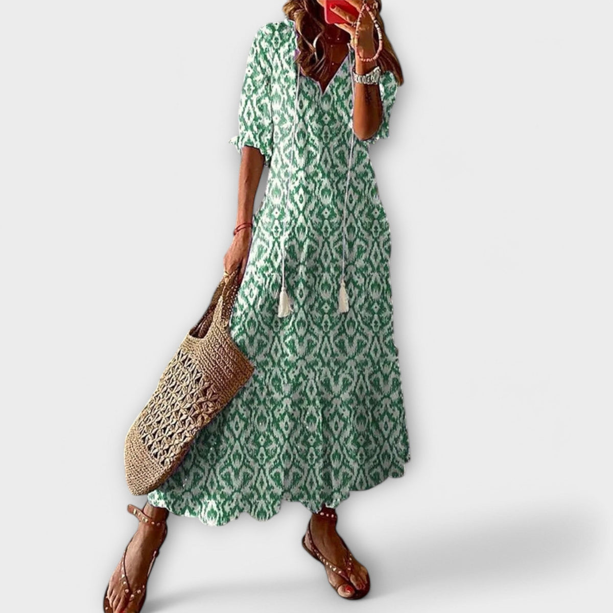 Ninette | Women's Bohemian Maxi Dress, Round Neck, Short Sleeves