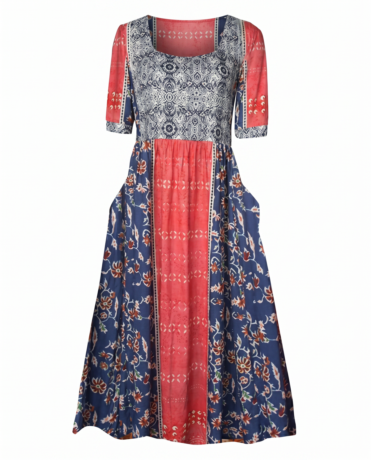 Rowena | Women's Bohemian A-Line Midi Dress, Round Neck, Short Sleeves