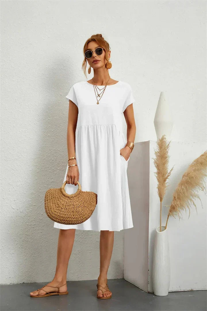 Celia | Women's A-Line Midi Dress, Round Neck, Short Sleeves, Pockets