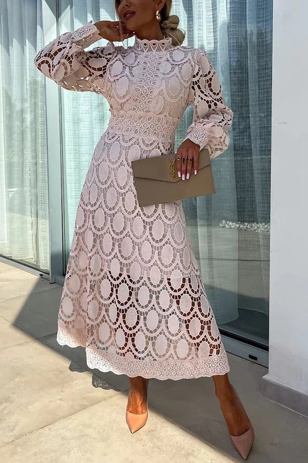 Women's Lace Midi Dress, Round Neck, Lantern Sleeves