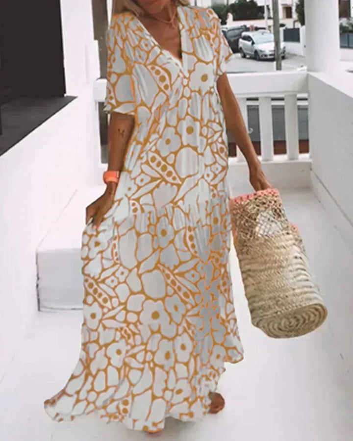 Ilaria-Rose printed maxi dress, v-neck, short sleeves