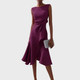 Women's sleeveless draped midi dress with defined waist tie and flared skirt