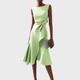 Women's sleeveless draped midi dress with defined waist tie and flared skirt
