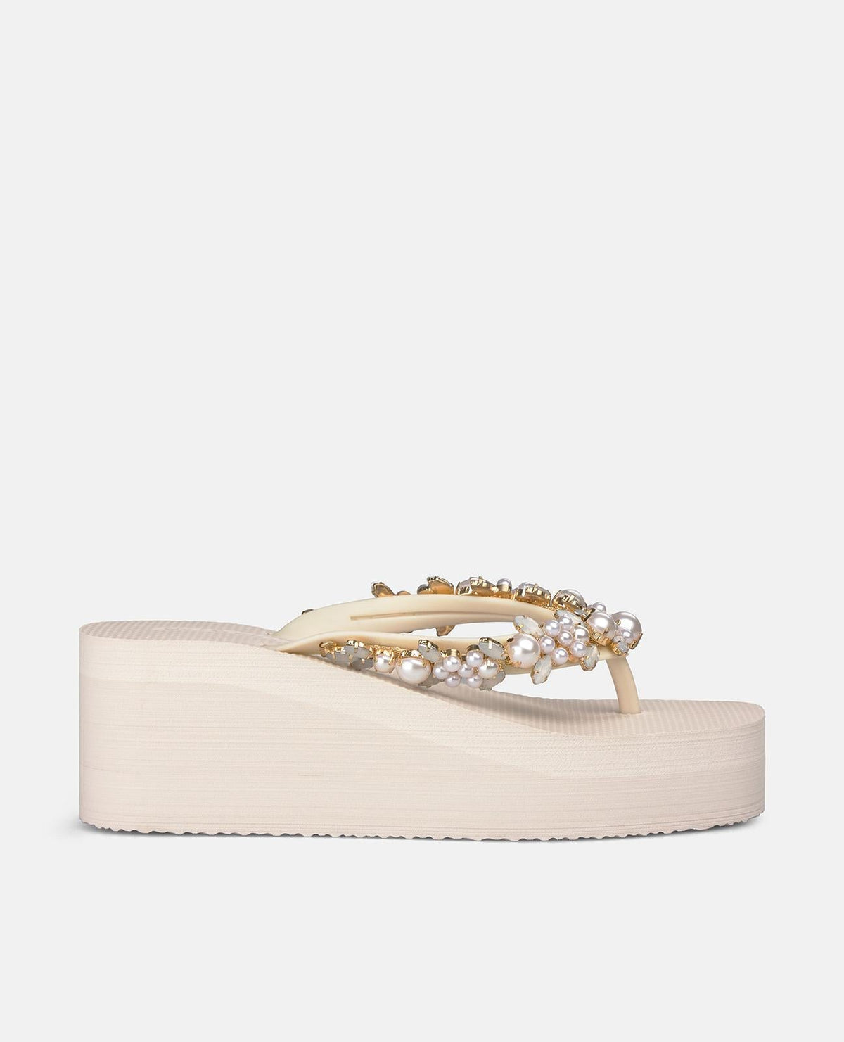 Cream pearl embellished platform flip-flop sandals