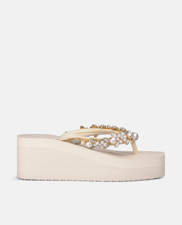 Cream pearl embellished platform flip-flop sandals