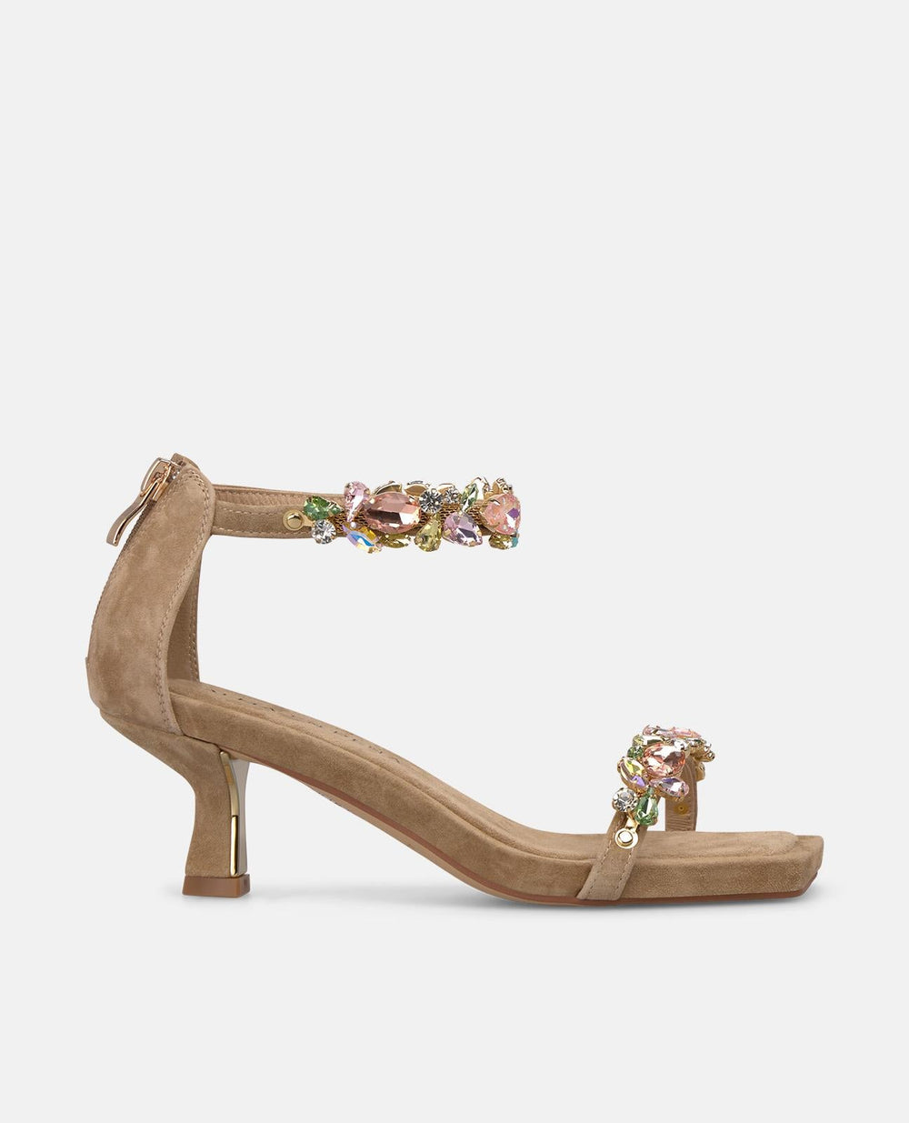 Women's tan embellished open toe sandals with ankle straps and mid heels