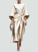 Theodora2 | Women's Wrap Midi Dress, Round Neck, Batwing Sleeves