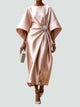 Theodora2 | Women's Wrap Midi Dress, Round Neck, Batwing Sleeves